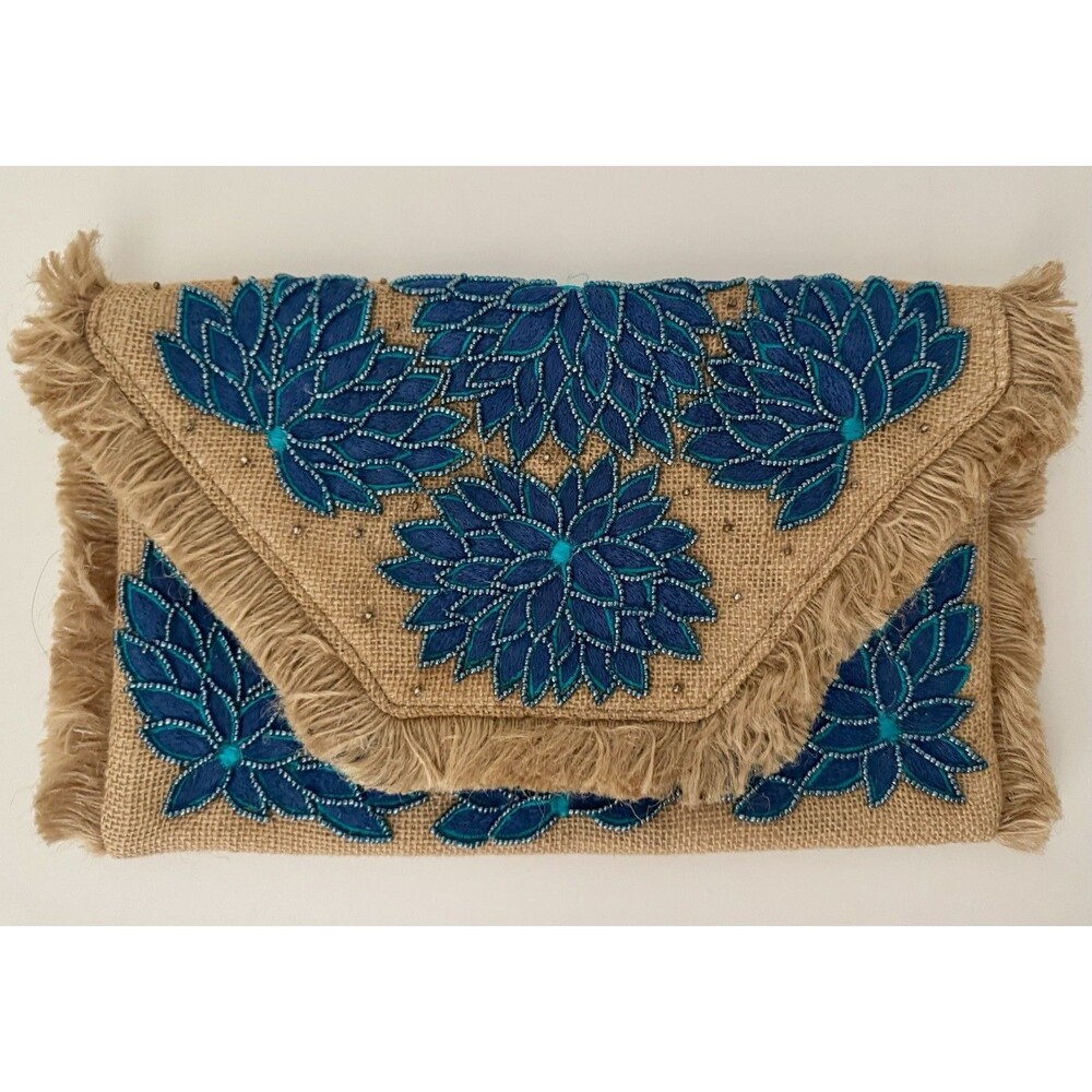 Lulus Island Vacation Beaded Embroidered Fringe Jute Clutch Crossbody Blue Tan